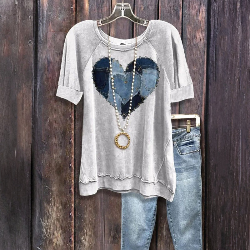 T-shirt KARELIA en Denim avec Cœur - Confortable Haut Décontracté