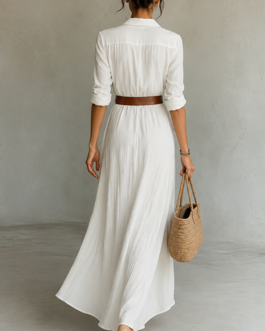 Elowen — Robe Maxi Plissée en Lin Blanc