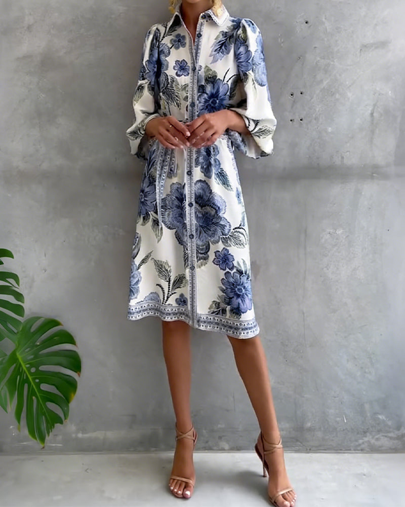 Fleurette — Robe à manches lanternes imprimée avec col fendu