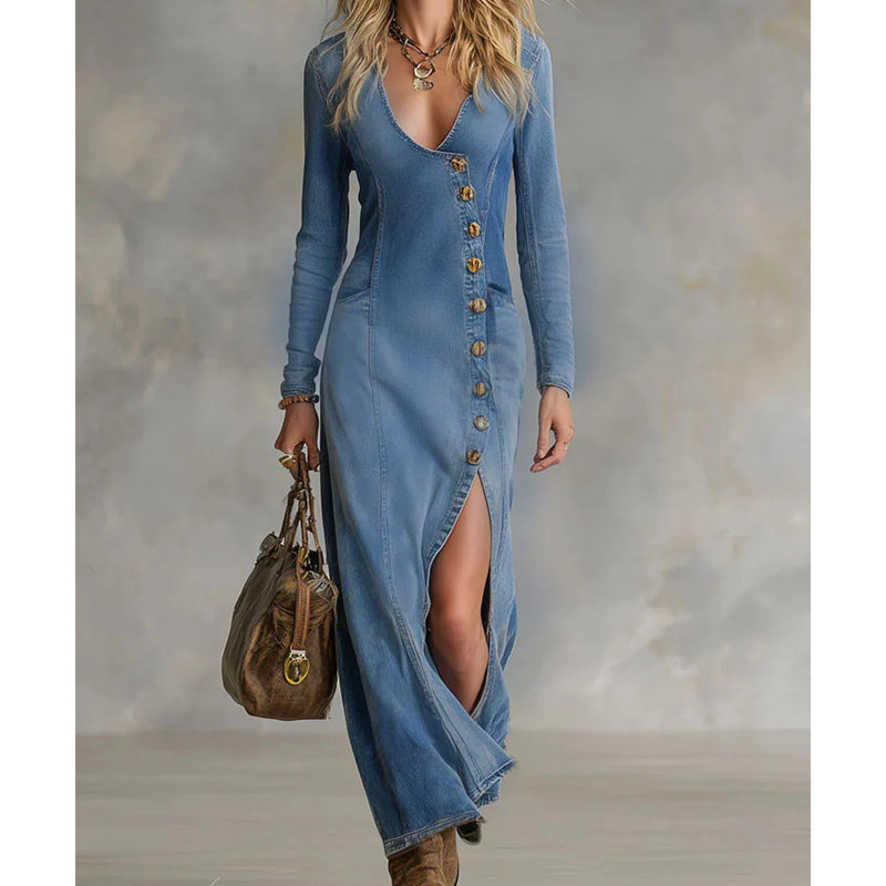 Elandrine — Robe Maxi Ajustée à Manches Longues et Décolleté en V