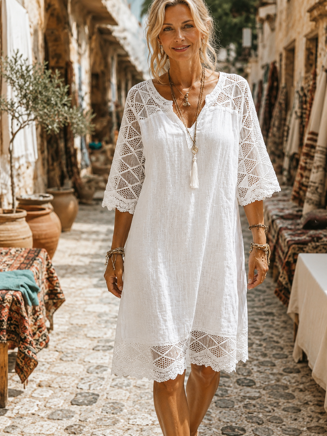Kim — Robe en dentelle patchwork avec décolleté en V, style décontracté