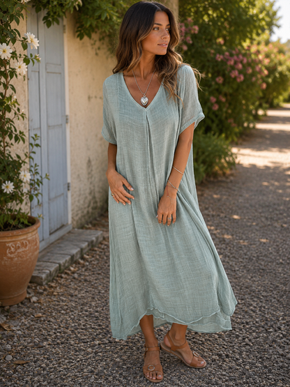Sharmaine — Robe ample en coton-lin à col en V