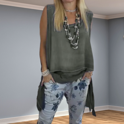 Ensemble de Deux Pièces pour Femmes - Design Innovant Haut Sans Manches avec Ourlet Asymétrique et Pantalon à Motifs