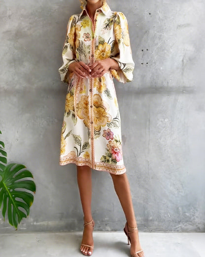 Fleurette — Robe à manches lanternes imprimée avec col fendu