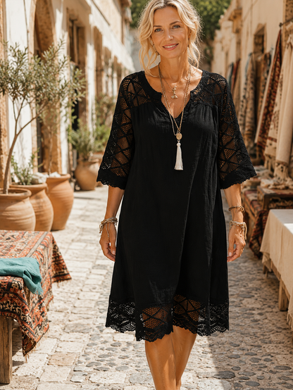 Kim — Robe en dentelle patchwork avec décolleté en V, style décontracté