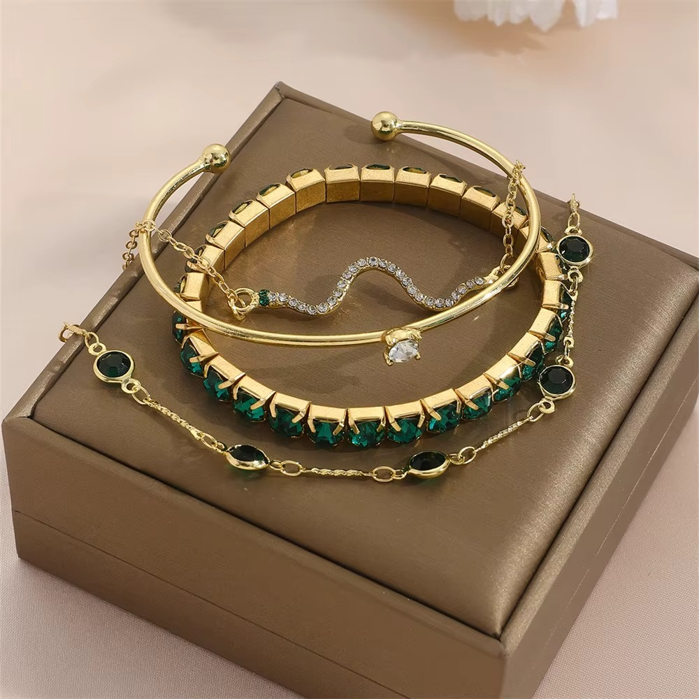 Ensemble de bracelet en 4 pièces - Élégant Cristal Émeraude et Or