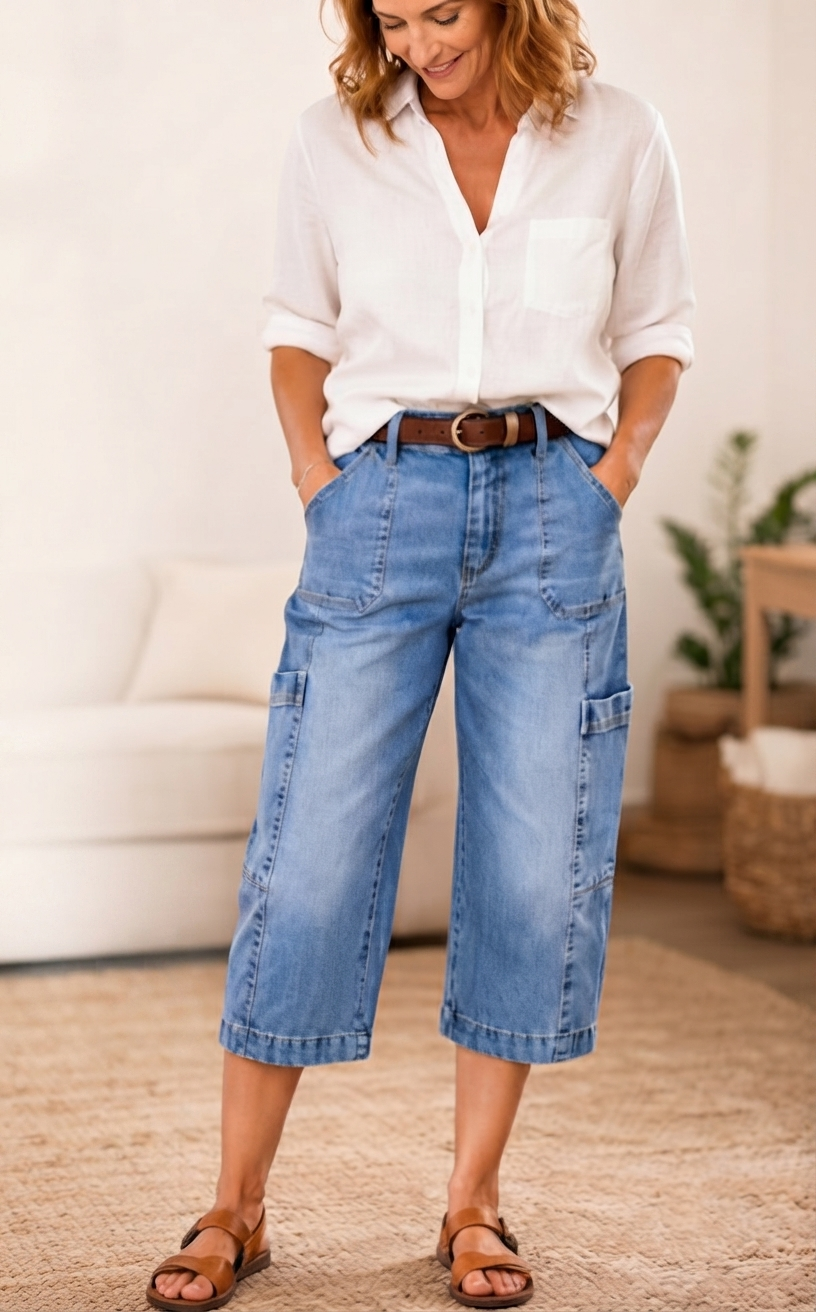 Isadella — Pantalons en denim cropped extensibles décontractés