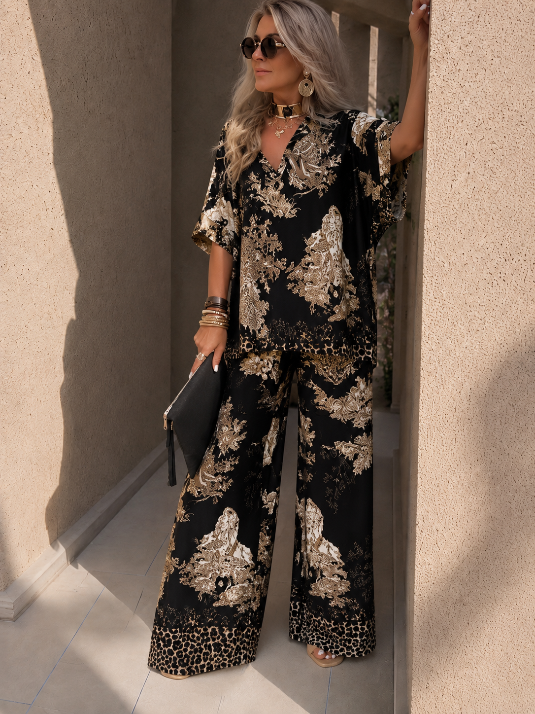 Verandine — Ensemble Top Imprimé & Pantalon à Jambes Amples
