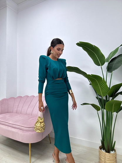Erina — Robe Midi Ajustée en Crêpe Élastique