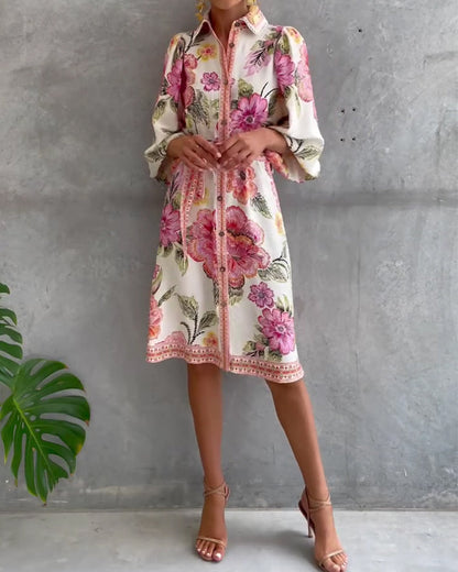 Fleurette — Robe à manches lanternes imprimée avec col fendu