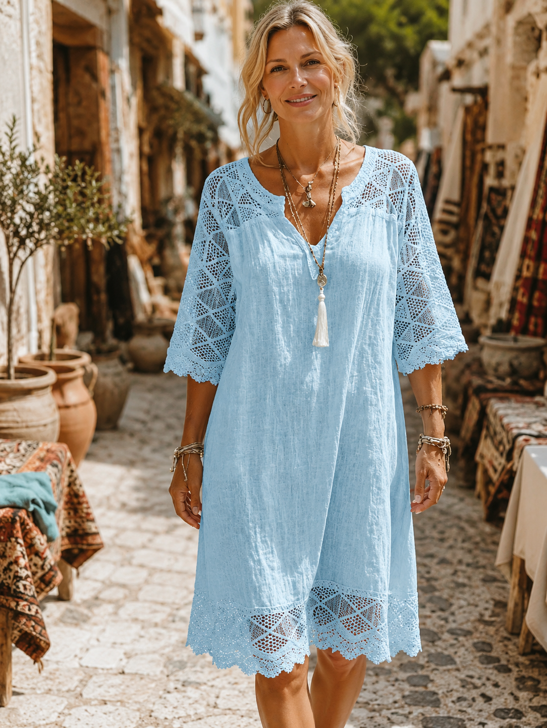 Kim — Robe en dentelle patchwork avec décolleté en V, style décontracté