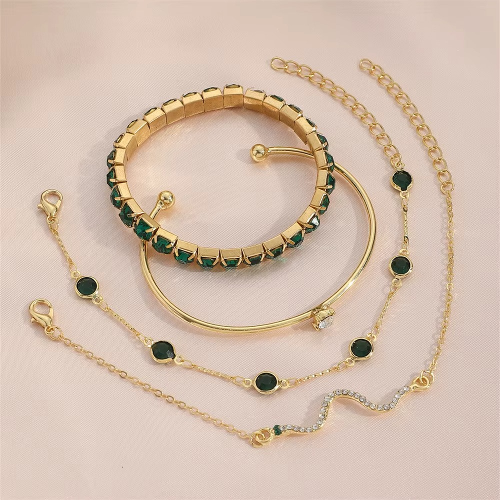Ensemble de bracelet en 4 pièces - Élégant Cristal Émeraude et Or