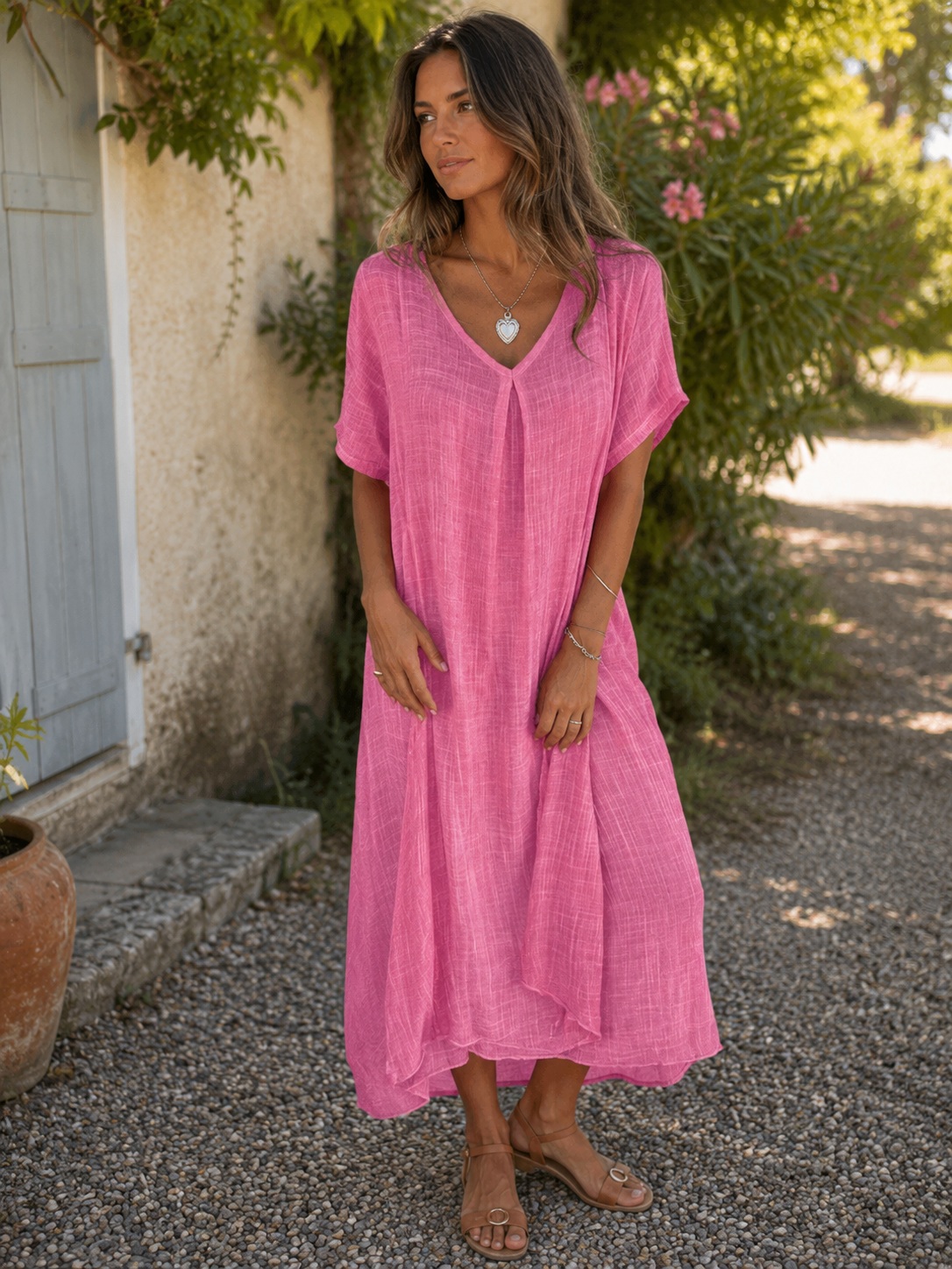 Sharmaine — Robe ample en coton-lin à col en V