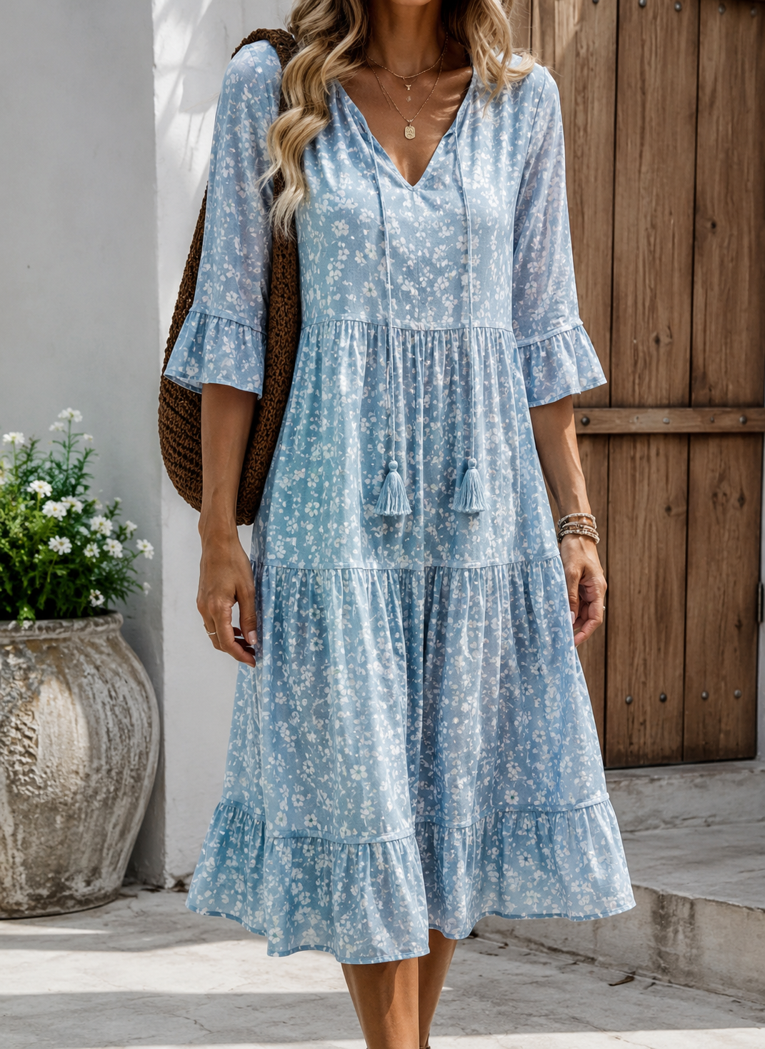Rozy — Robe à fleurs avec ceinture, décolleté en V et coupe A