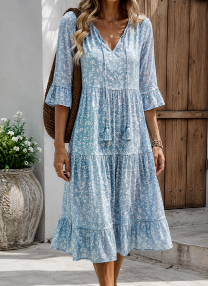 Rozy — Robe à fleurs avec ceinture, décolleté en V et coupe A