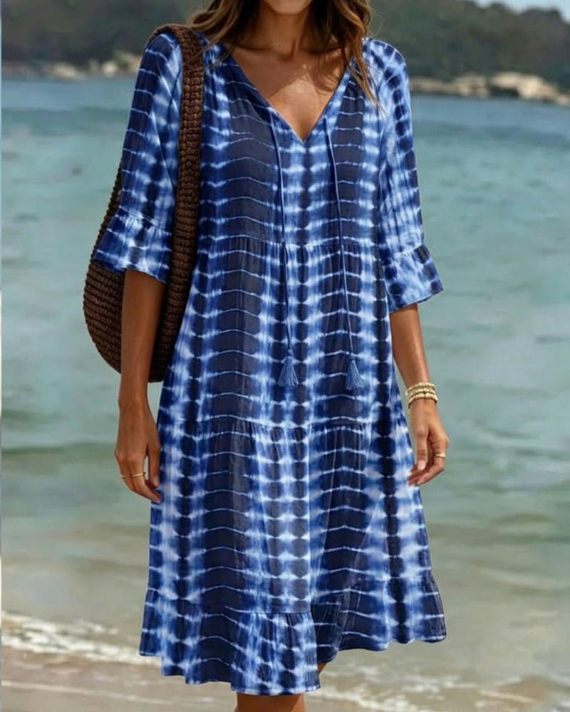 Camedor — Robe midi avec décolleté en V et imprimé bleu