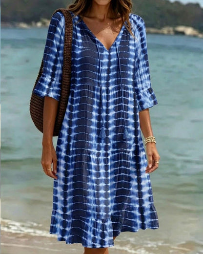Camedor — Robe midi avec décolleté en V et imprimé bleu