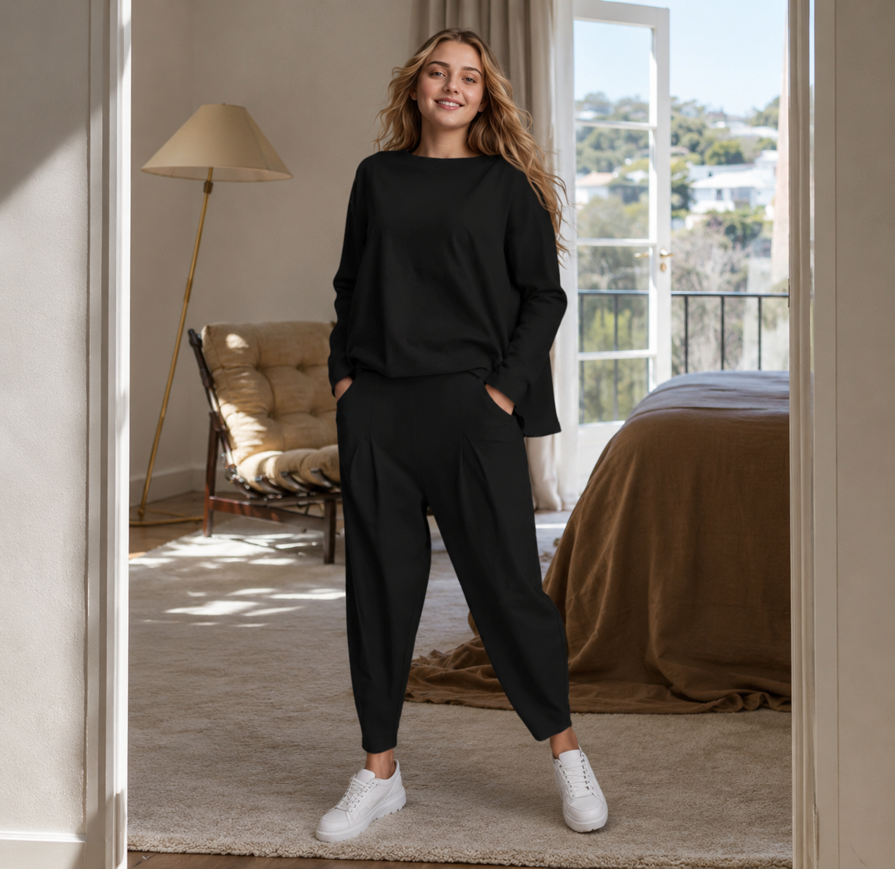 Vellorine — Ensemble haut à manches longues et pantalon à col rond