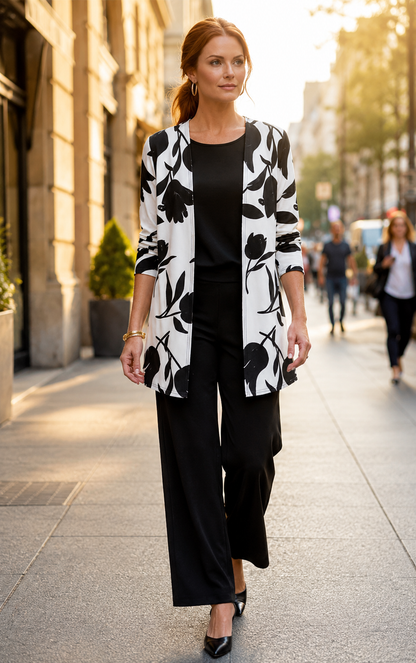 Cassiane — Ensemble Cardigan, Débardeur & Pantalon Large en Trois Pièces
