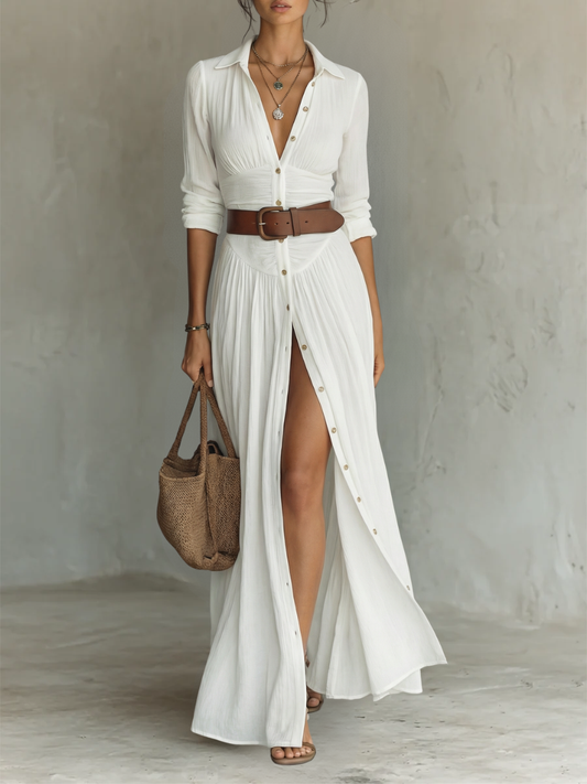Elowen — Robe Maxi Plissée en Lin Blanc