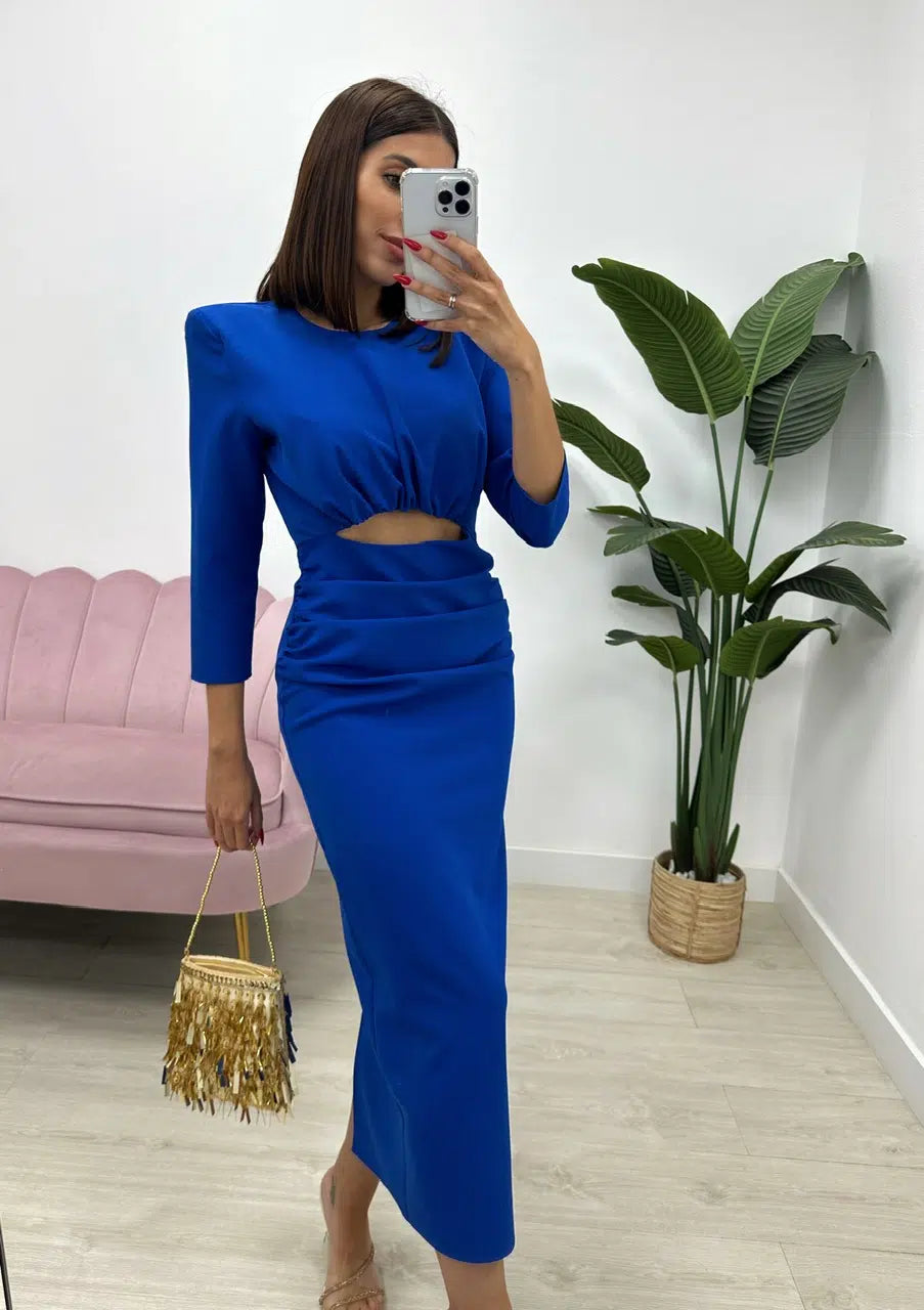 Erina — Robe Midi Ajustée en Crêpe Élastique