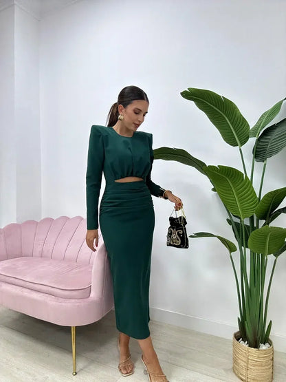 Erina — Robe Midi Ajustée en Crêpe Élastique