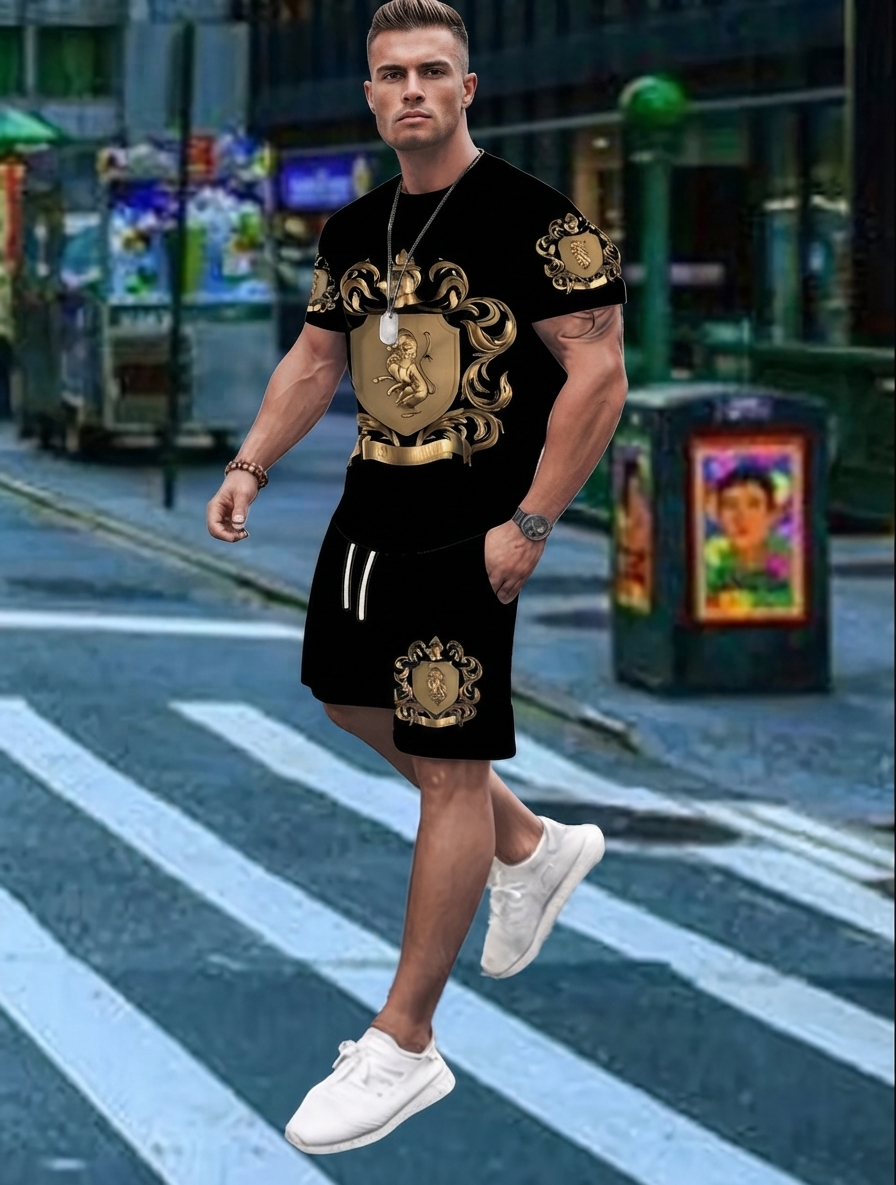 Regalis — Ensemble T-shirt et Shorts à Imprimé de Blason Doré