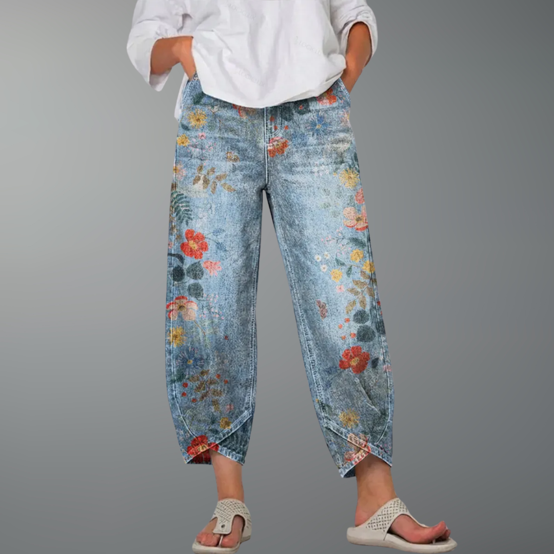 Delvène - Pantalon Cheville en Jean à Imprimé Cœur