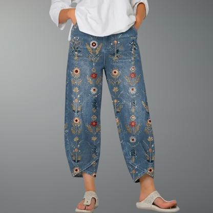 Delvène - Pantalon Cheville en Jean à Imprimé Cœur