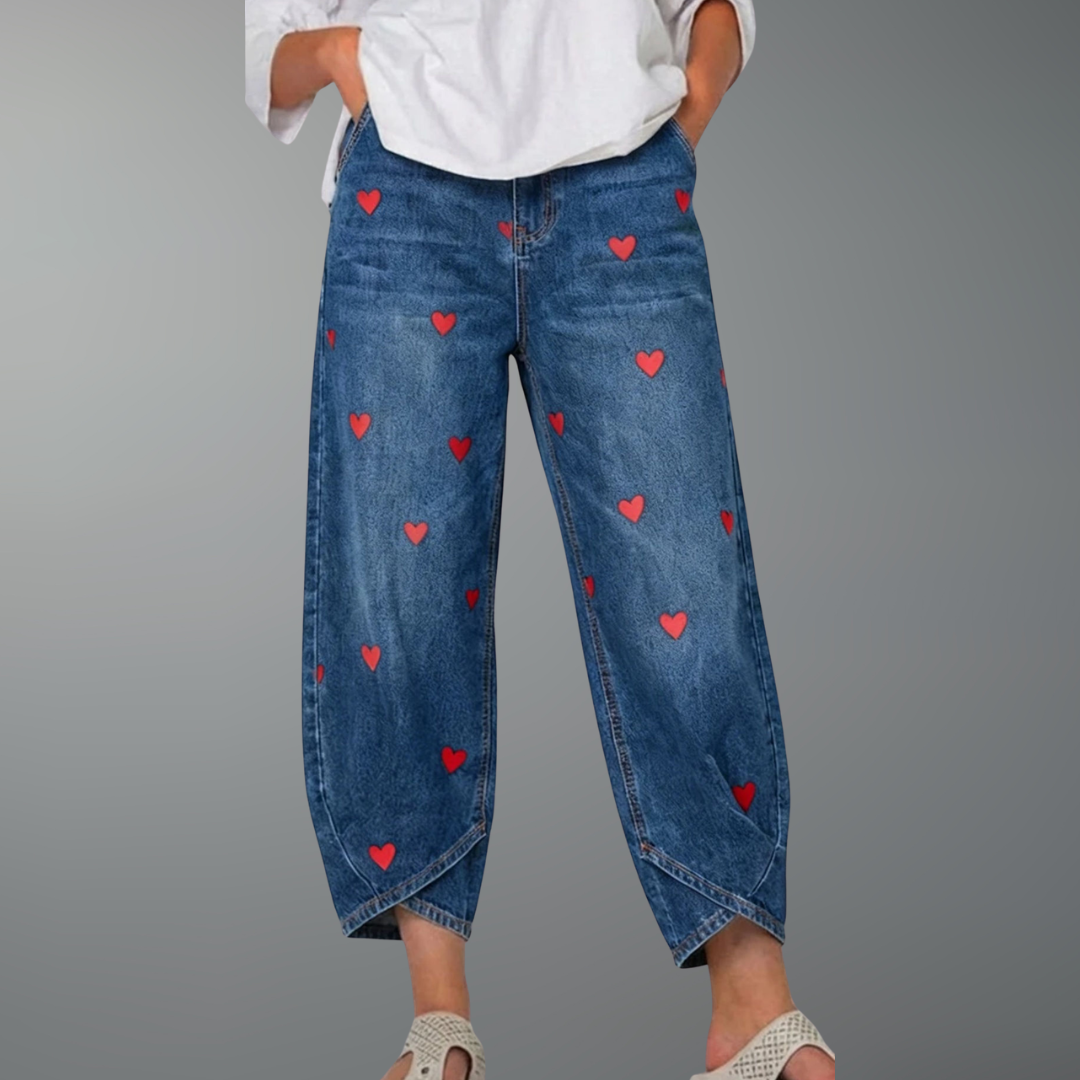 Delvène - Pantalon Cheville en Jean à Imprimé Cœur