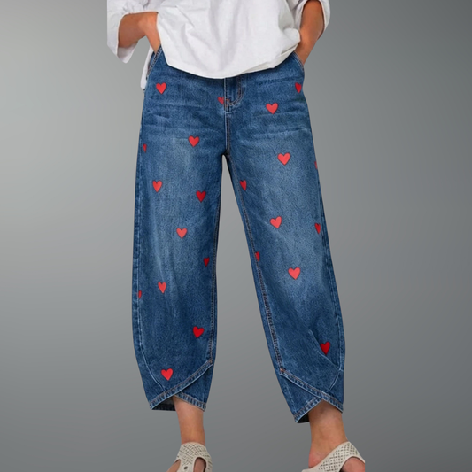 Delvène - Pantalon Cheville en Jean à Imprimé Cœur