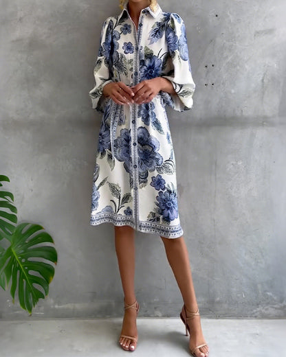Fleurette — Robe à manches lanternes imprimée avec col fendu