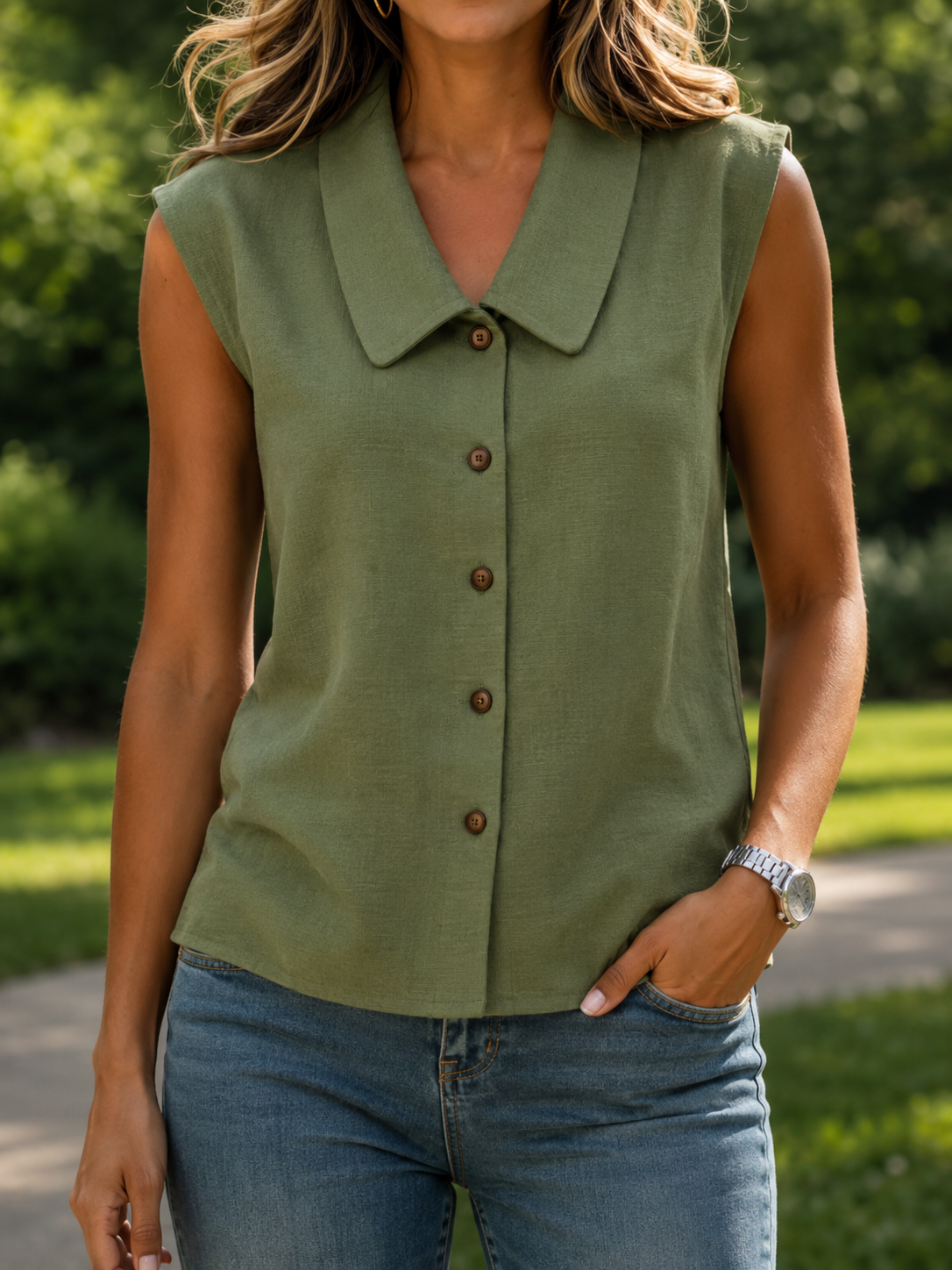 Gelo — Chemise sans manches en lin-coton avec col