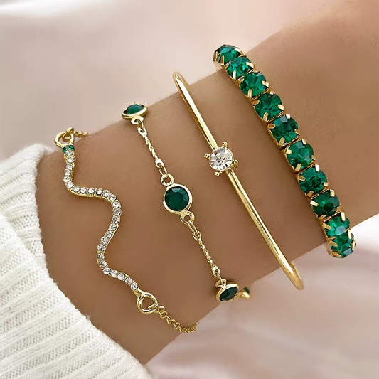 Ensemble de bracelet en 4 pièces - Élégant Cristal Émeraude et Or