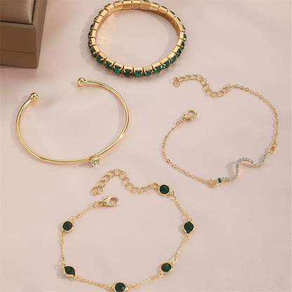 Ensemble de bracelet en 4 pièces - Élégant Cristal Émeraude et Or