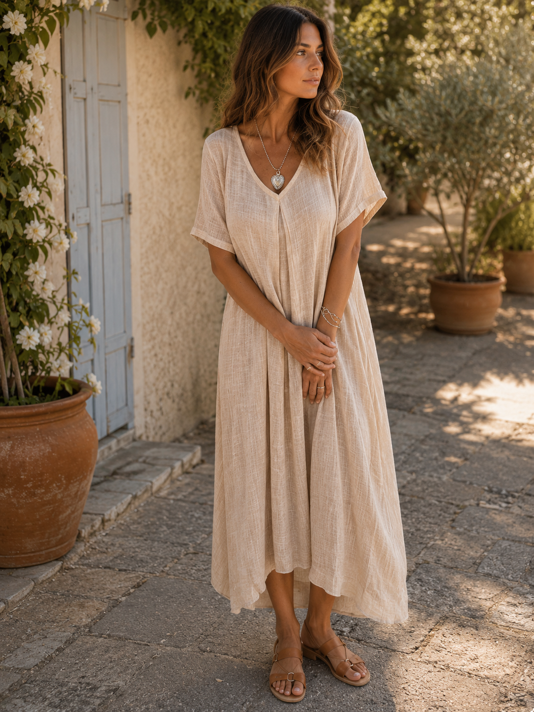 Sharmaine — Robe ample en coton-lin à col en V
