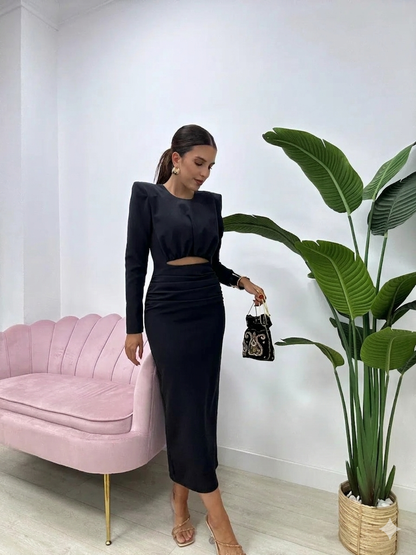 Erina — Robe Midi Ajustée en Crêpe Élastique