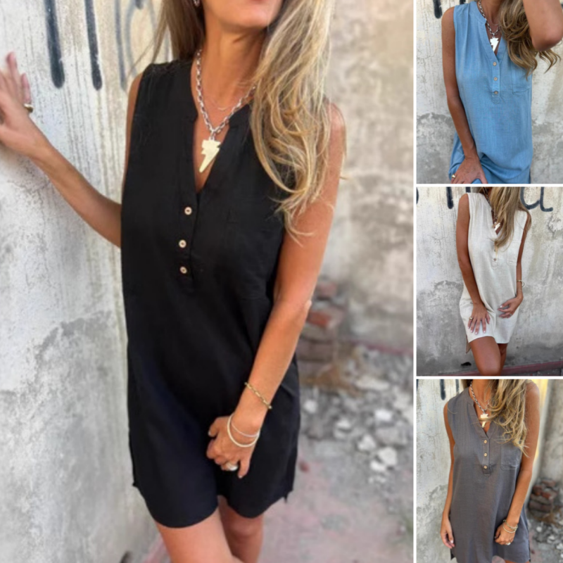 Robe sans manches en V avec boutons et poches pour femmes - Flatteuse