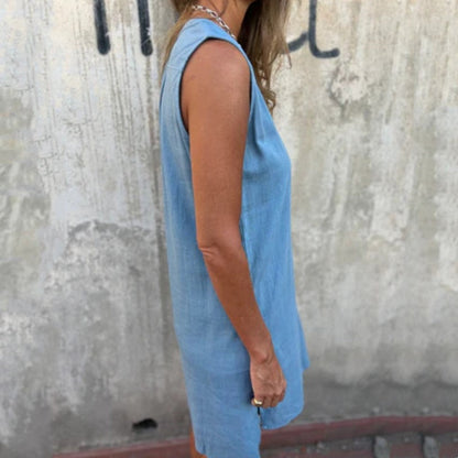 Robe sans manches en V avec boutons et poches pour femmes - Flatteuse