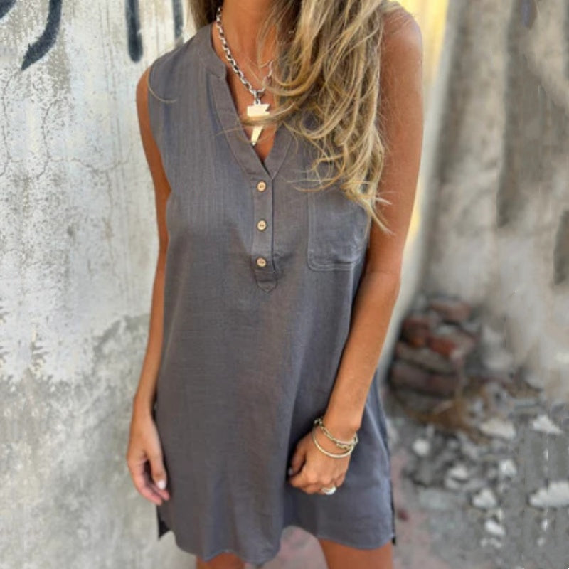 Robe sans manches en V avec boutons et poches pour femmes - Flatteuse