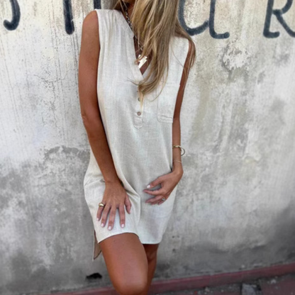 Robe sans manches en V avec boutons et poches pour femmes - Flatteuse