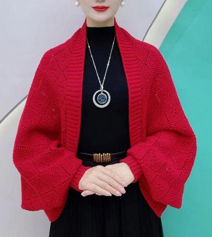 Amberose — Cardigan ouvert avec col châle et tricot ajouré