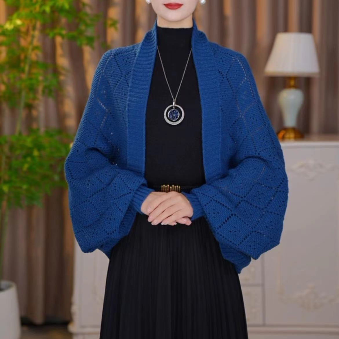 Amberose — Cardigan ouvert avec col châle et tricot ajouré