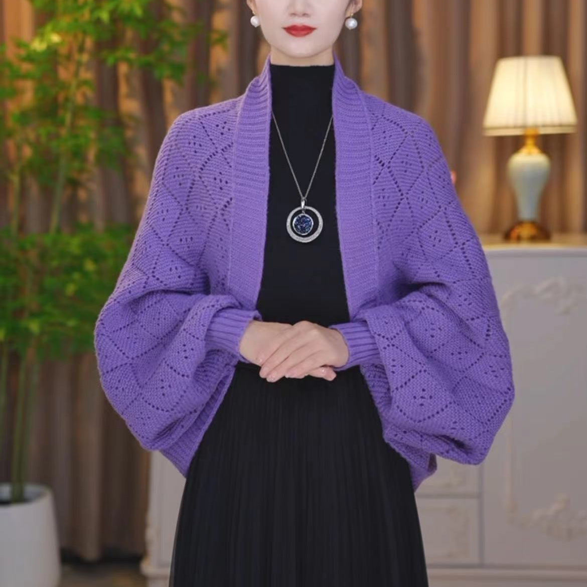 Amberose — Cardigan ouvert avec col châle et tricot ajouré