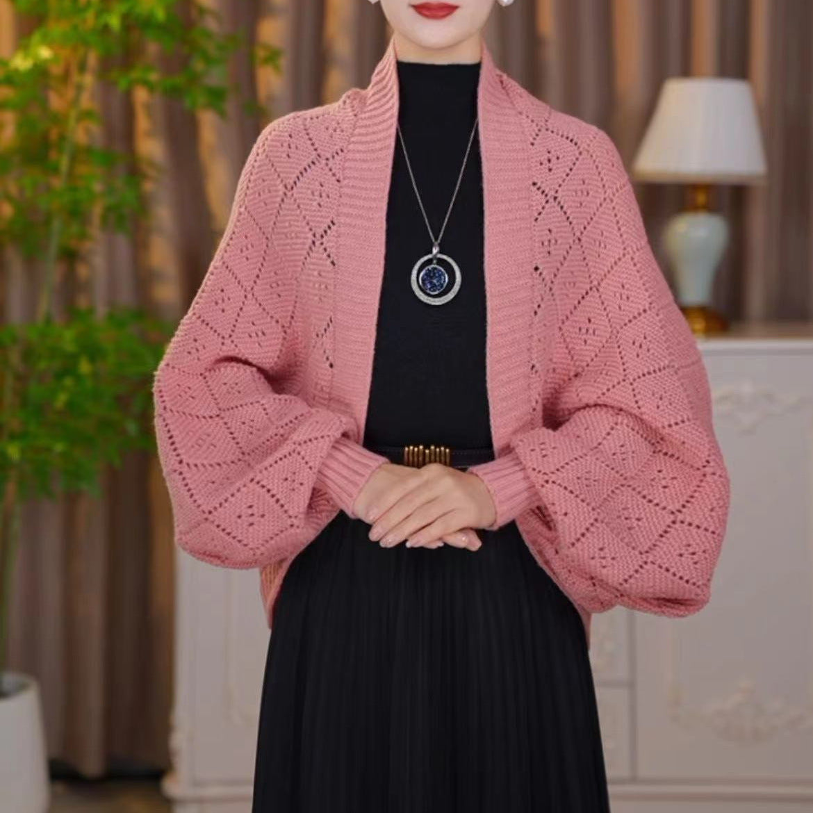 Amberose — Cardigan ouvert avec col châle et tricot ajouré