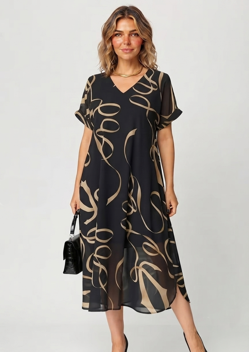 Amarelle — Robe Midi à Imprimé Nœud et Décolleté en V Flottant