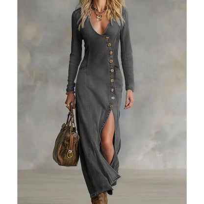 Elandrine — Robe Maxi Ajustée à Manches Longues et Décolleté en V