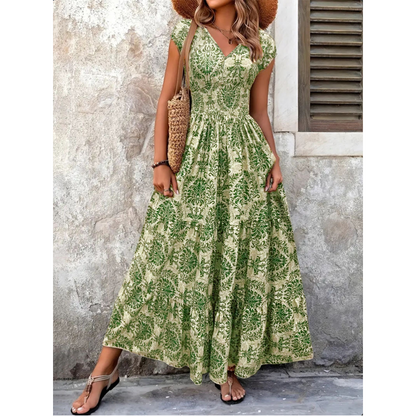 Marchetti — Robe à fleurs avec décolleté en V et détails froncés, longueur maxi