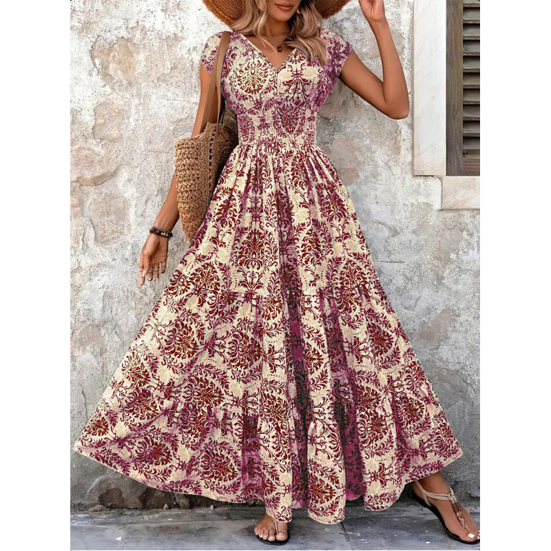 Marchetti — Robe à fleurs avec décolleté en V et détails froncés, longueur maxi