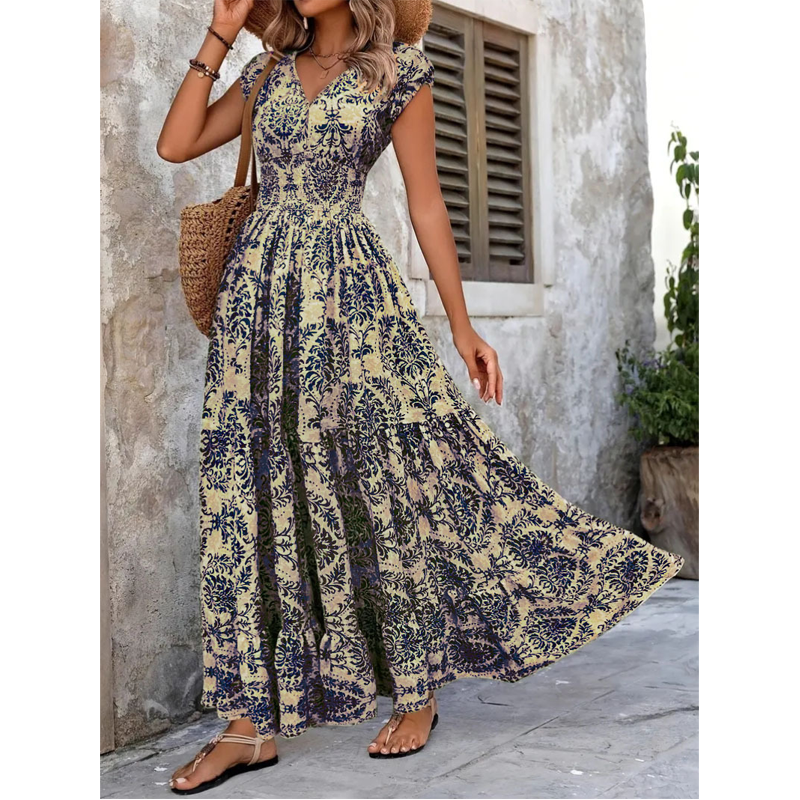 Marchetti — Robe à fleurs avec décolleté en V et détails froncés, longueur maxi